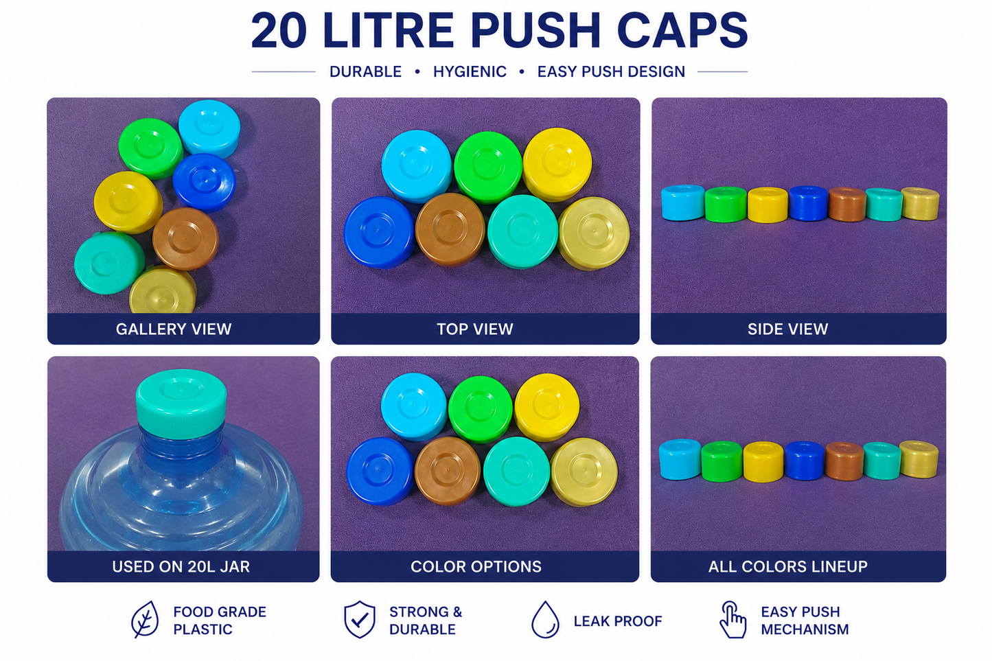 Premium 20L Water Jar Push Cap – 22 mm Height | 100% Virgin LDPE | Multi-Color