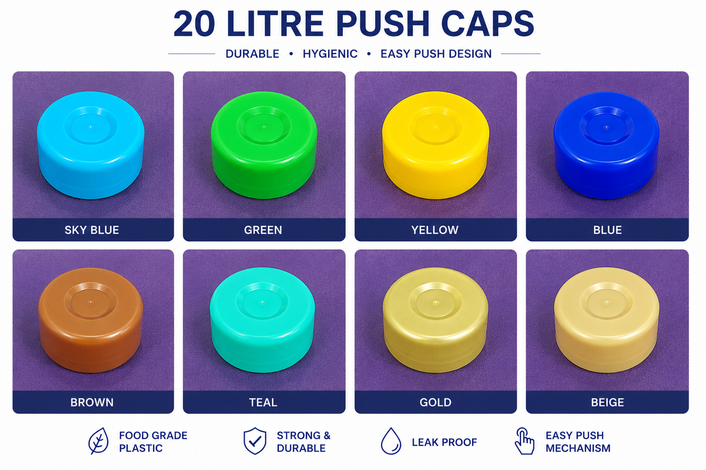 Premium 20L Water Jar Push Cap – 22 mm Height | 100% Virgin LDPE | Multi-Color
